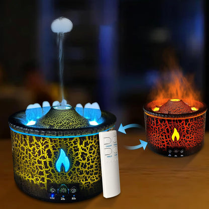 Volcano Diffuser, Essential Oil Diffuser 300Ml Volcano Humidifier with Flame &amp; Volcano Mist Mode, 2 Colors, Timer, Auto Shut-Off, Remote Control, Flame Diffusers for Home Bedroom Black