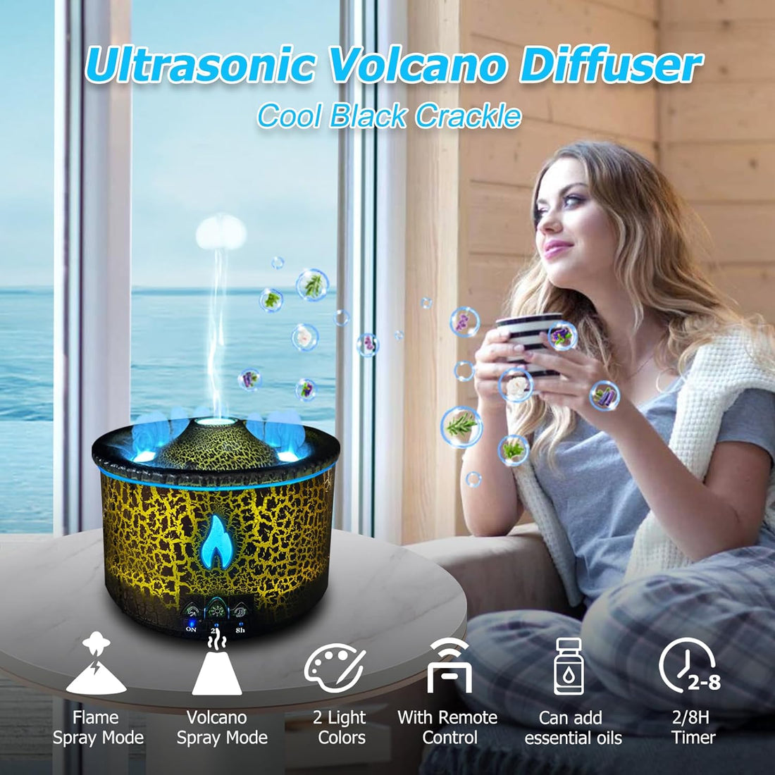 Volcano Diffuser, Essential Oil Diffuser 300Ml Volcano Humidifier with Flame &amp; Volcano Mist Mode, 2 Colors, Timer, Auto Shut-Off, Remote Control, Flame Diffusers for Home Bedroom Black