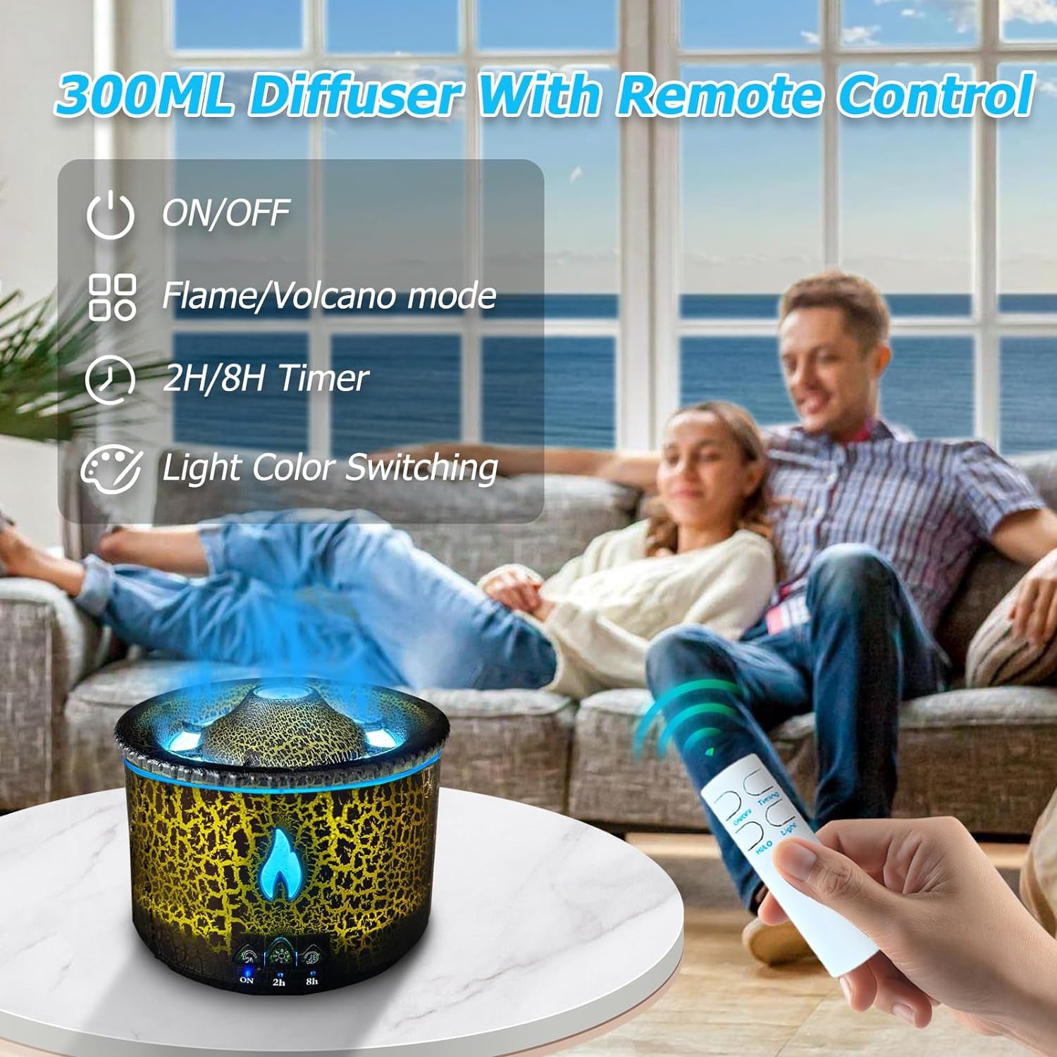 Volcano Diffuser, Essential Oil Diffuser 300Ml Volcano Humidifier with Flame &amp; Volcano Mist Mode, 2 Colors, Timer, Auto Shut-Off, Remote Control, Flame Diffusers for Home Bedroom Black